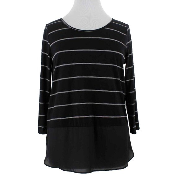 ANA $26 Sz XL Black White Stripe Chiffon Peplum Rayon Poly Knit Top - Picture 1 of 7